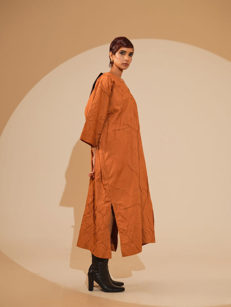 Flow Dress-Rust Orange + Black + Blue crushed cotton dress by Stoique in rust orange, black, blue for women in Singapore