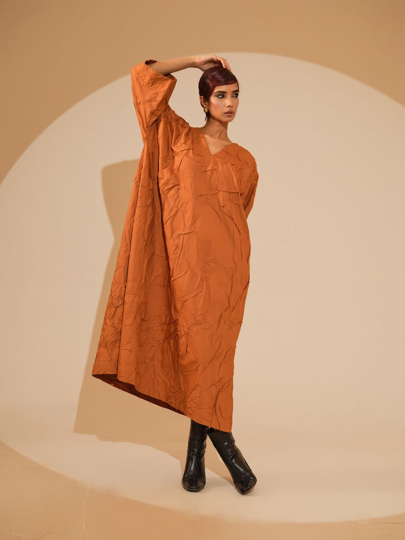 Flow Dress-Rust Orange + Black + Blue crushed cotton dress by Stoique in rust orange, black, blue for women in Singapore