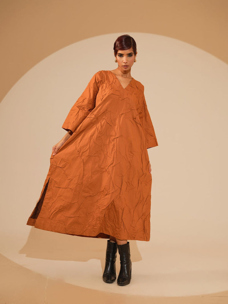 Flow Dress-Rust Orange + Black + Blue crushed cotton dress by Stoique in rust orange, black, blue for women in Singapore