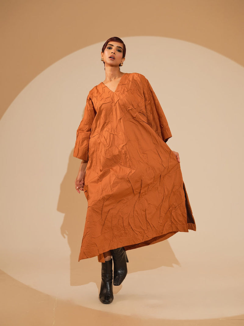 Flow Dress-Rust Orange + Black + Blue crushed cotton dress by Stoique in rust orange, black, blue for women in Singapore