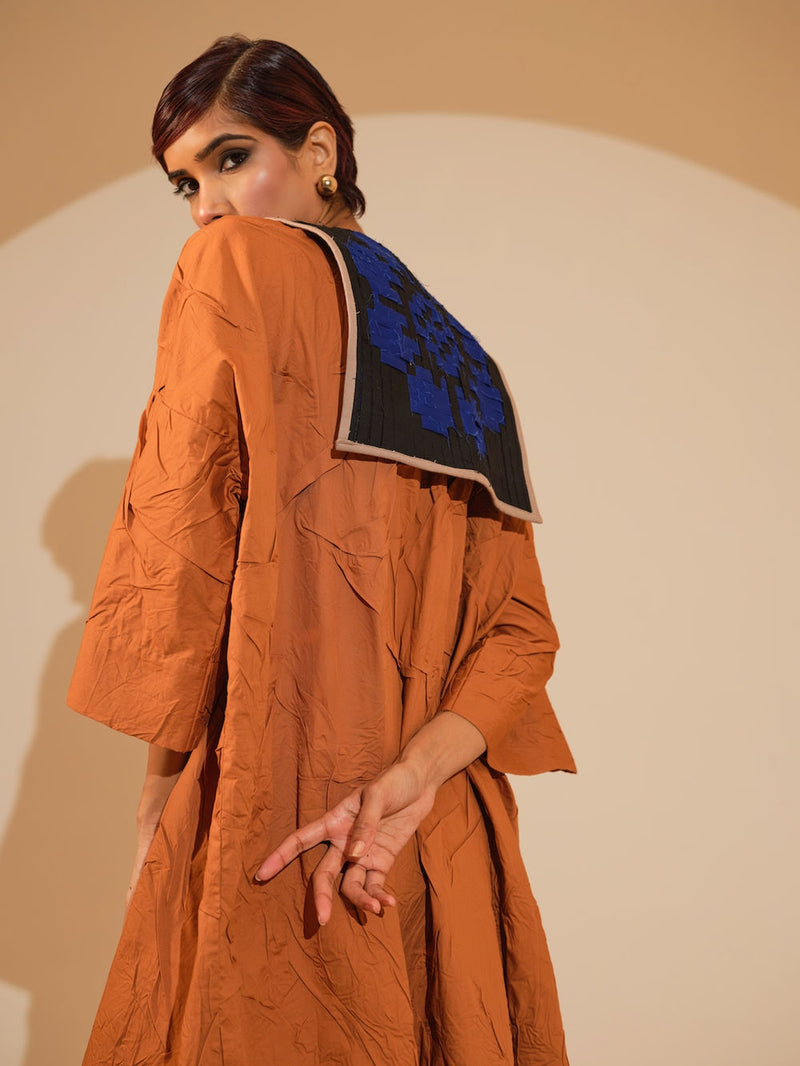 Flow Dress-Rust Orange + Black + Blue crushed cotton dress by Stoique in rust orange, black, blue for women in Singapore