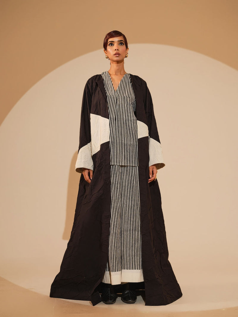 Mist Overlay-Black + Natural crushed cotton jacket/overlay by Stoique in black, natural for women in Singapore