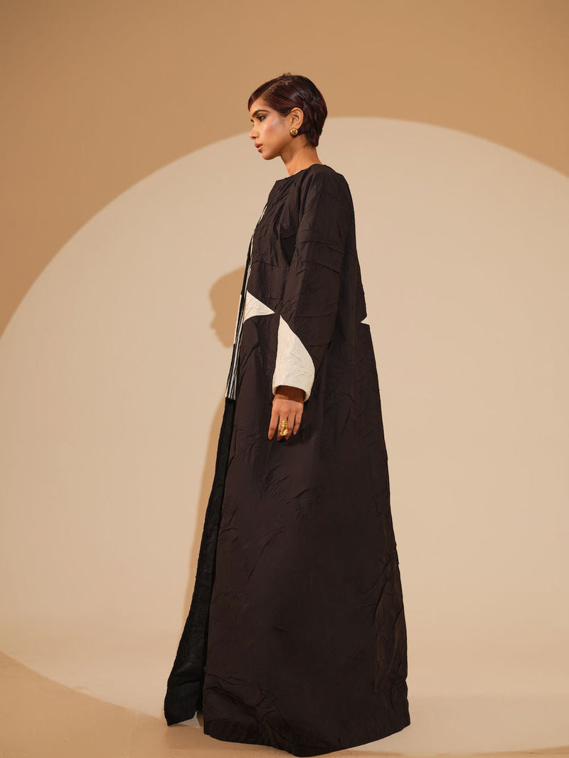 Mist Overlay-Black + Natural crushed cotton jacket/overlay by Stoique in black, natural for women in Singapore