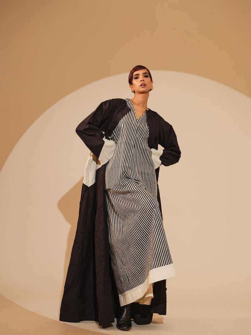 Mist Overlay-Black + Natural crushed cotton jacket/overlay by Stoique in black, natural for women in Singapore