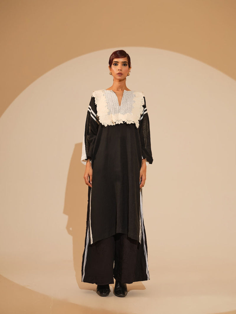 Fern Tunic-Black + Natural crushed silk tunics/kaftan by Stoique in black, natural for women in Singapore