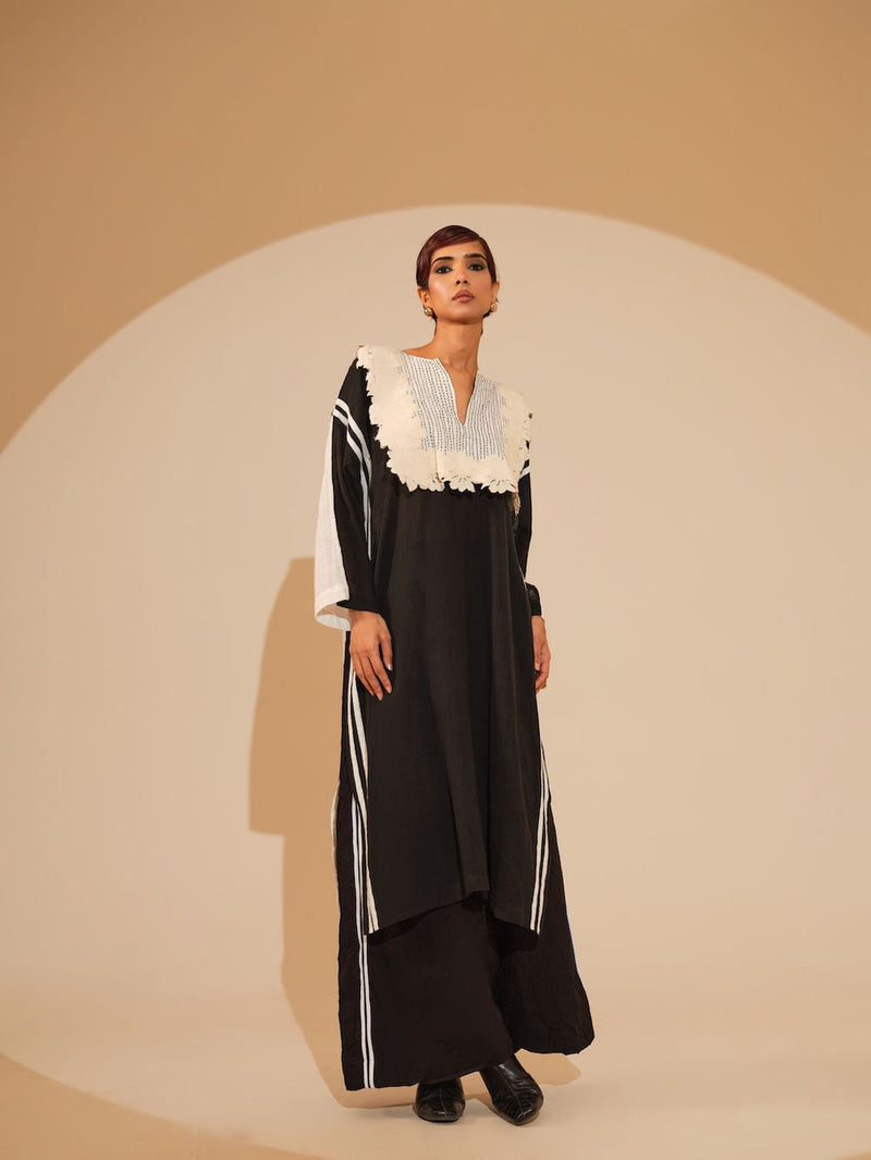 Fern Tunic-Black + Natural crushed silk tunics/kaftan by Stoique in black, natural for women in Singapore