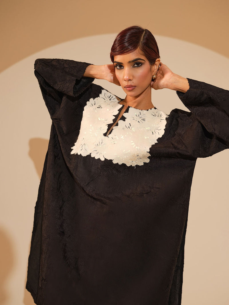 Beam Tunic-Black + Natural crushed silk tunics/kaftan by Stoique in black, natural for women in Singapore