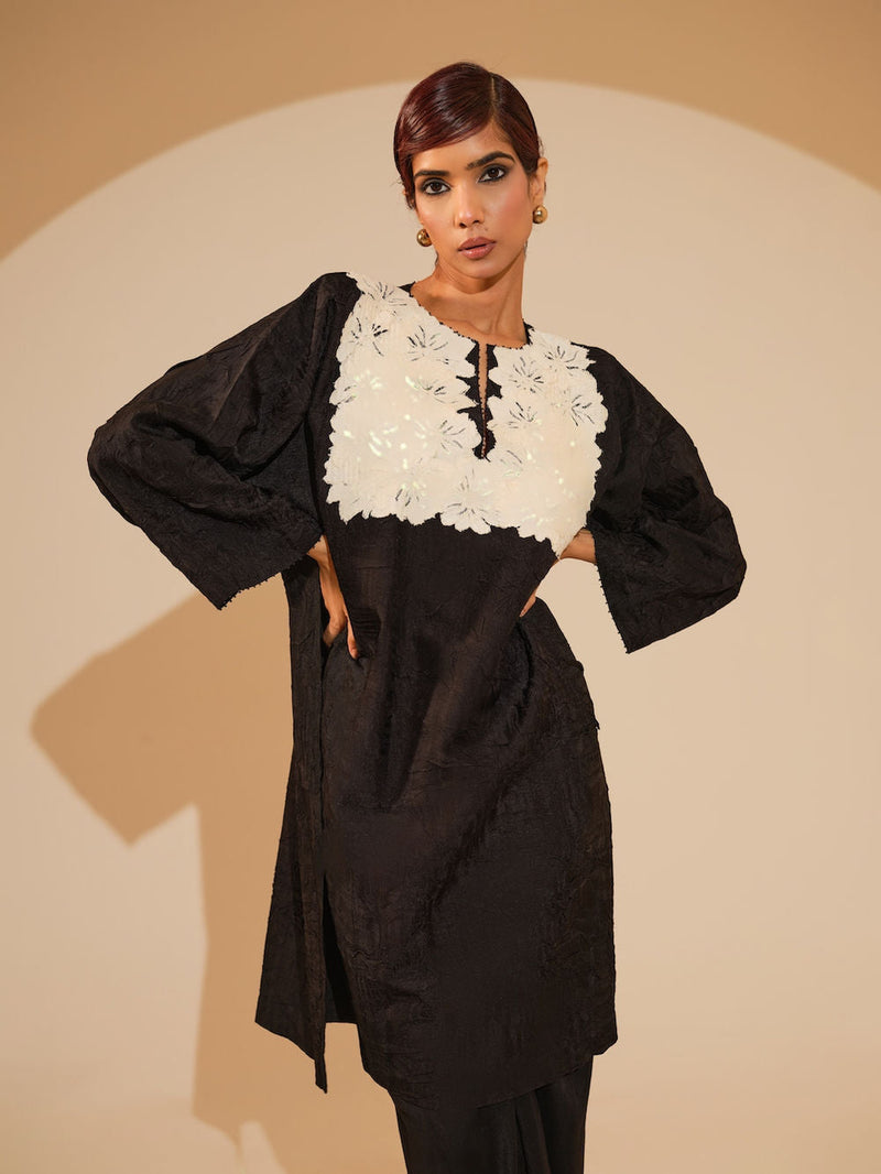 Beam Tunic-Black + Natural crushed silk tunics/kaftan by Stoique in black, natural for women in Singapore