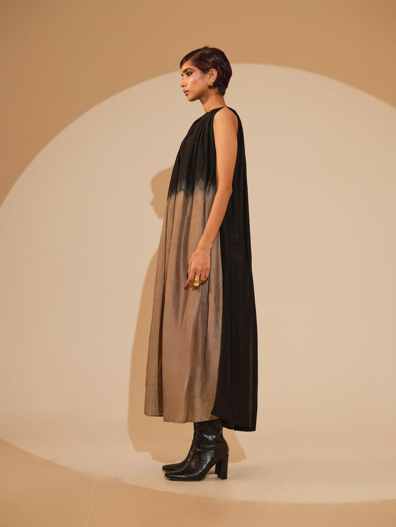 Retain Dress-Black + Grey mysore silk dress by Stoique in black, grey for women in Singapore