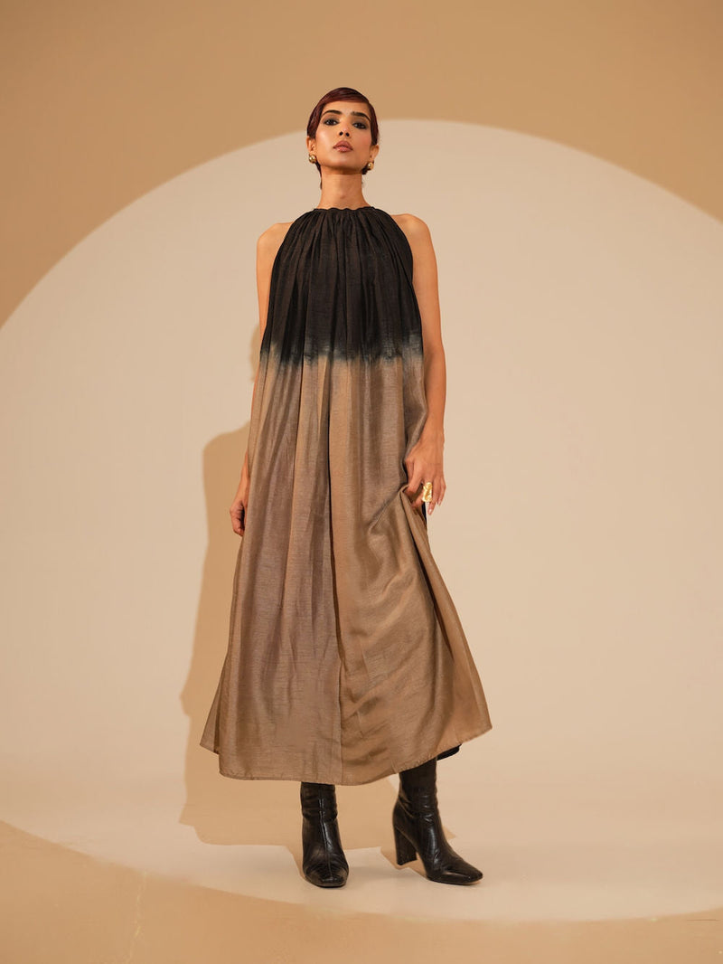 Retain Dress-Black + Grey mysore silk dress by Stoique in black, grey for women in Singapore