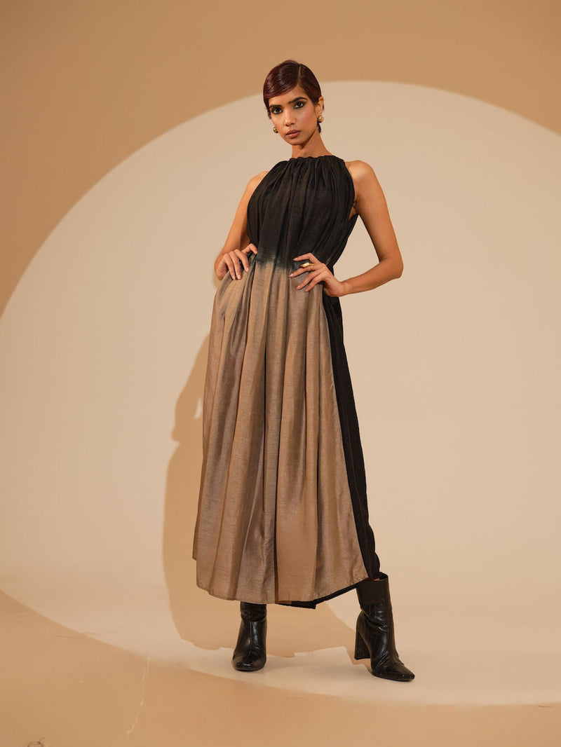Retain Dress-Black + Grey mysore silk dress by Stoique in black, grey for women in Singapore
