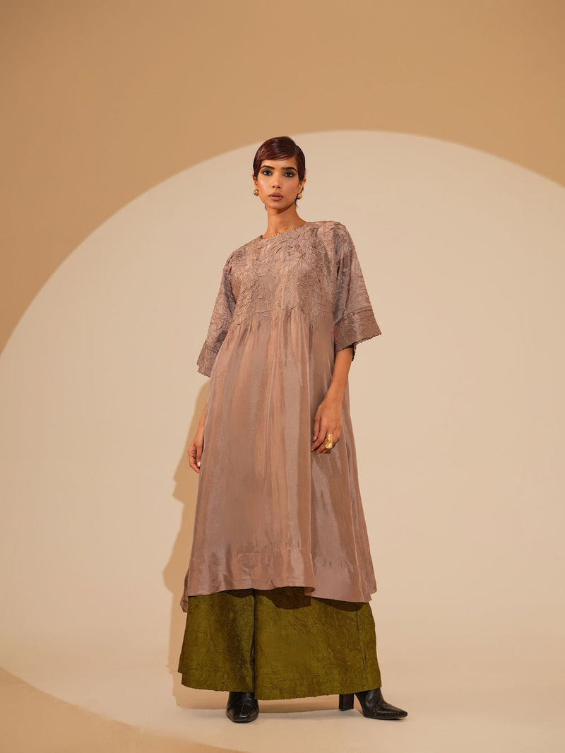 Sprout Tunic-Taupe crushed silk tunics/kaftan by Stoique in taupe for women in Singapore