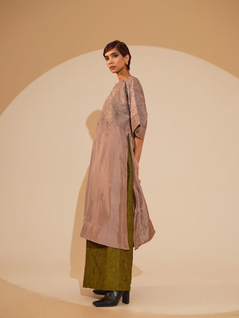 Sprout Tunic-Taupe crushed silk tunics/kaftan by Stoique in taupe for women in Singapore