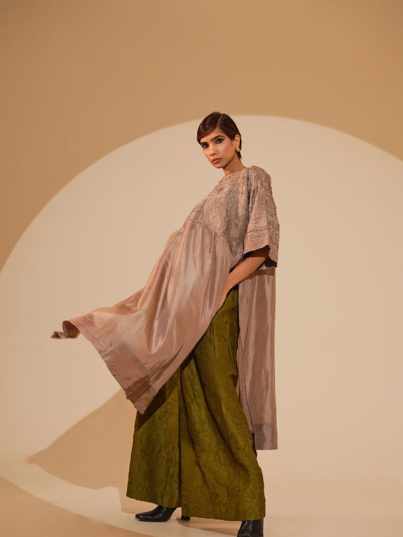 Sprout Tunic-Taupe crushed silk tunics/kaftan by Stoique in taupe for women in Singapore