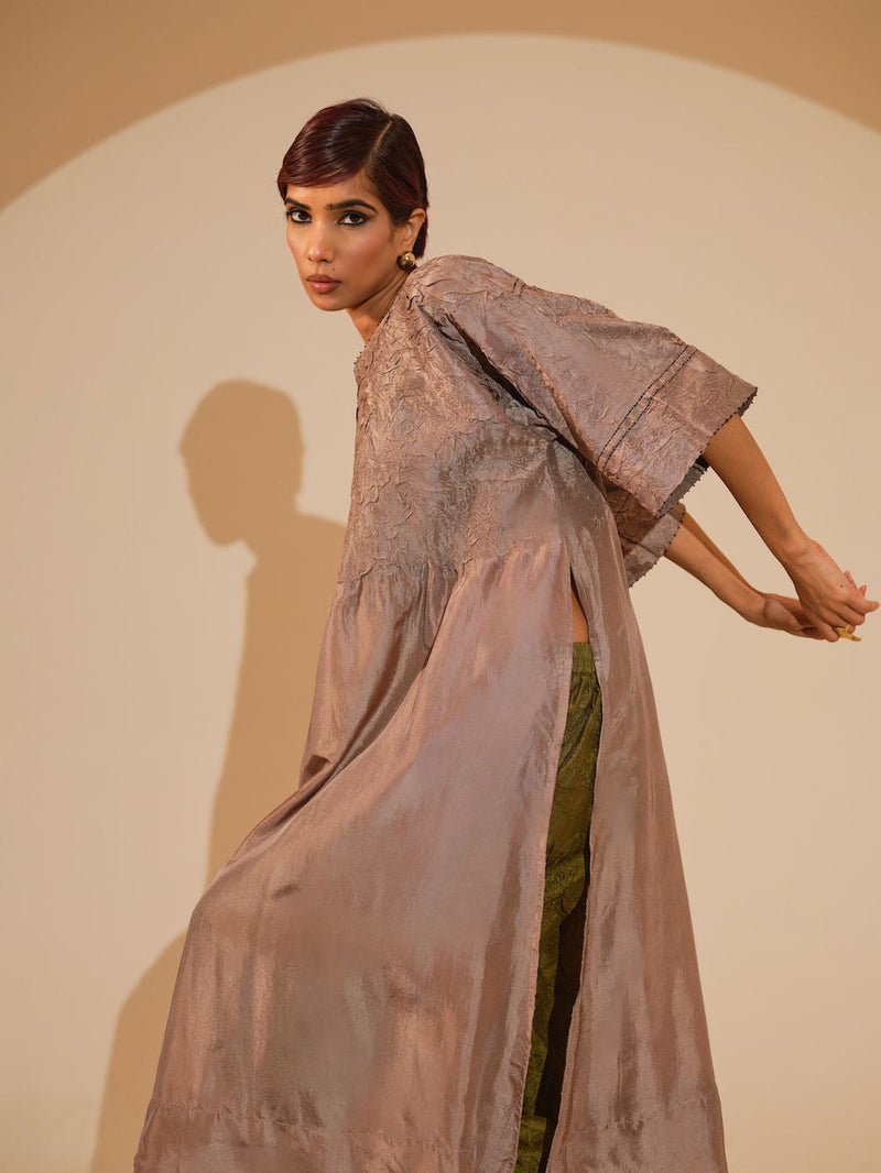 Sprout Tunic-Taupe crushed silk tunics/kaftan by Stoique in taupe for women in Singapore