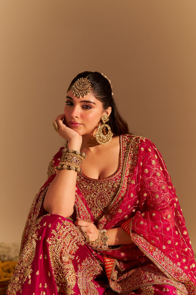 Alina - Dabka Zardozi Embroidered Silk Hotpink Sharara Set silk by SHEETAL BATRA in pink color for women in Singapore