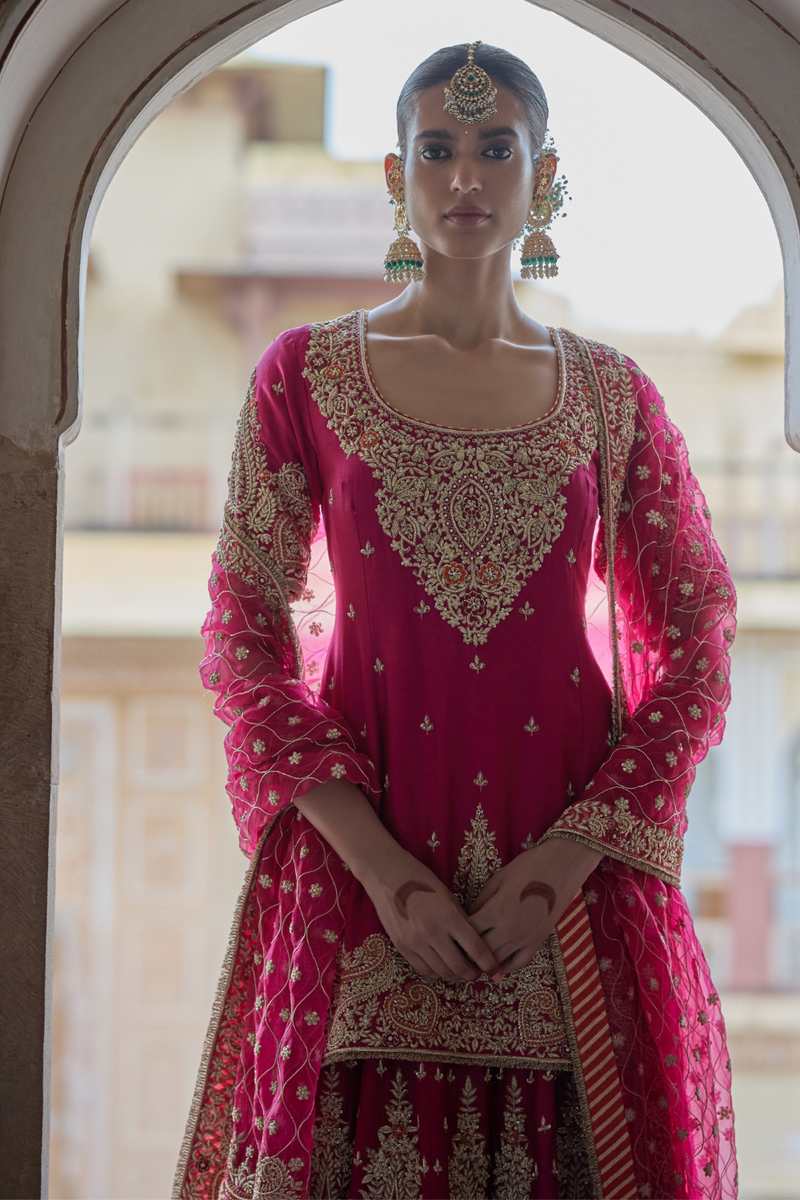 Alina - Dabka Zardozi Embroidered Silk Hotpink Sharara Set silk by SHEETAL BATRA in pink color for women in Singapore