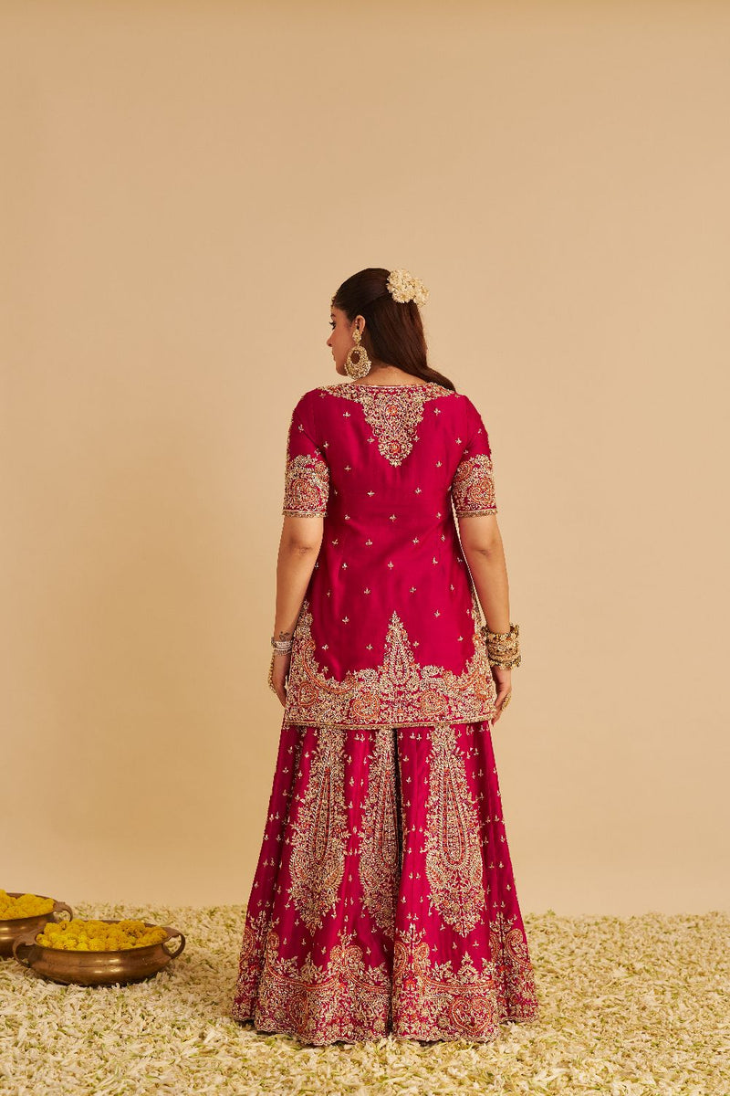 Alina - Dabka Zardozi Embroidered Silk Hotpink Sharara Set silk by SHEETAL BATRA in pink color for women in Singapore