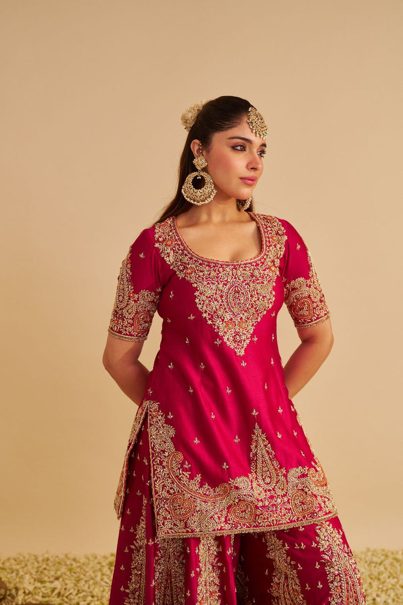 Alina - Dabka Zardozi Embroidered Silk Hotpink Sharara Set silk by SHEETAL BATRA in pink color for women in Singapore
