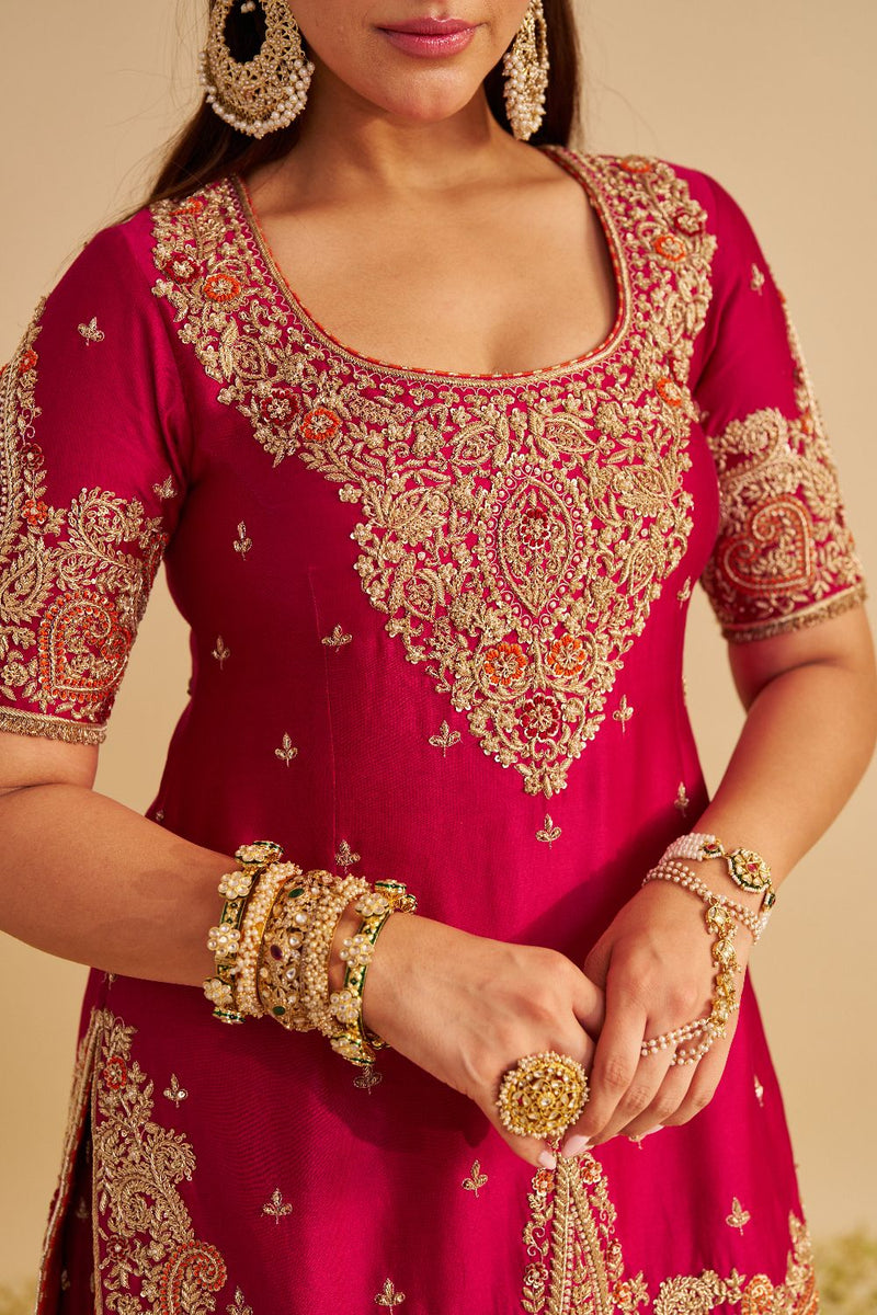 Alina - Dabka Zardozi Embroidered Silk Hotpink Sharara Set silk by SHEETAL BATRA in pink color for women in Singapore