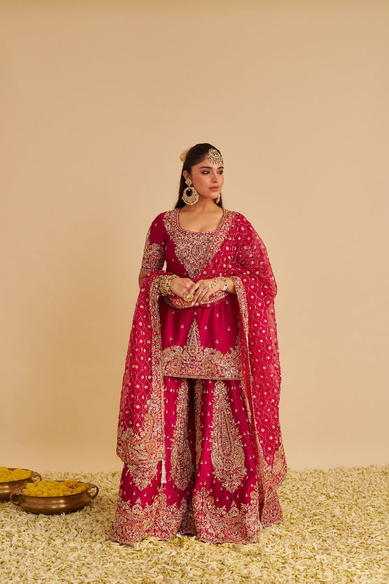 Alina - Dabka Zardozi Embroidered Silk Hotpink Sharara Set silk by SHEETAL BATRA in pink color for women in Singapore