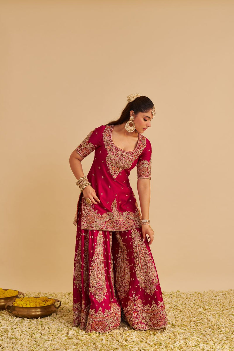 Alina - Dabka Zardozi Embroidered Silk Hotpink Sharara Set silk by SHEETAL BATRA in pink color for women in Singapore