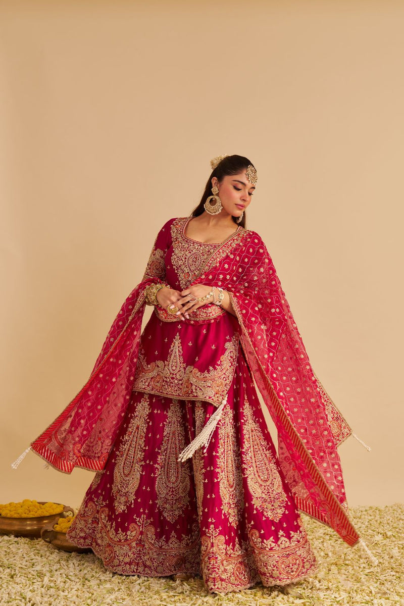 Alina - Dabka Zardozi Embroidered Silk Hotpink Sharara Set silk by SHEETAL BATRA in pink color for women in Singapore