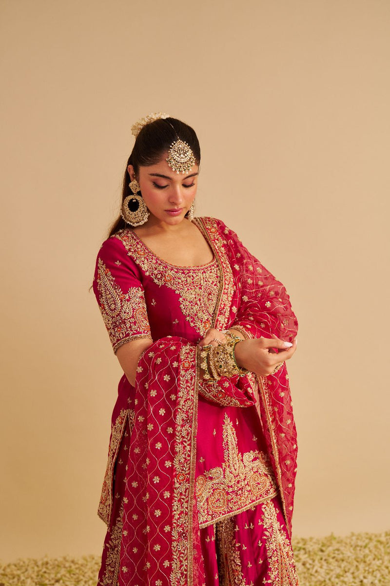 Alina - Dabka Zardozi Embroidered Silk Hotpink Sharara Set silk by SHEETAL BATRA in pink color for women in Singapore