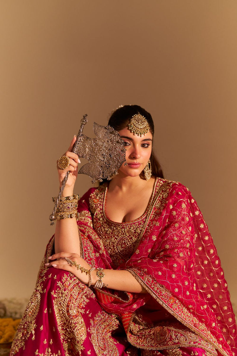 Alina - Dabka Zardozi Embroidered Silk Hotpink Sharara Set silk by SHEETAL BATRA in pink color for women in Singapore