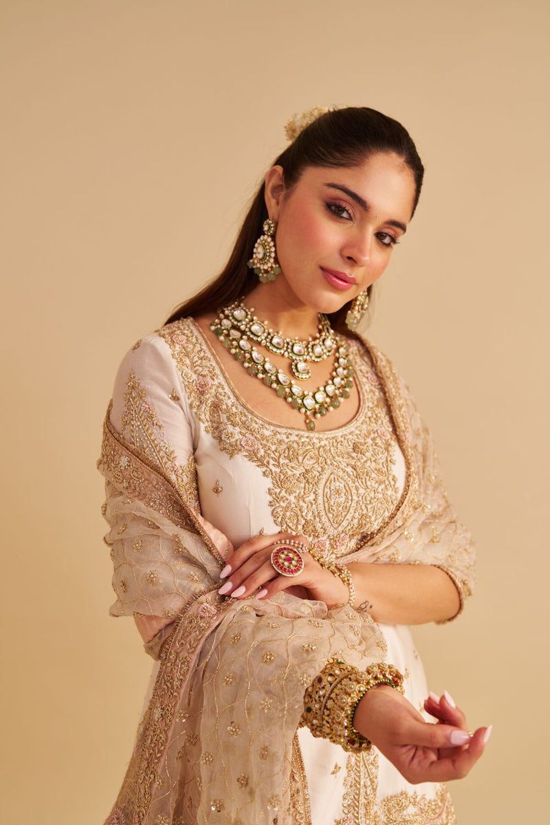 Alina - Dabka Zardozi Embroidered Silk Daisy Ivory Sharara Set silk by SHEETAL BATRA in ivory color for women in Singapore