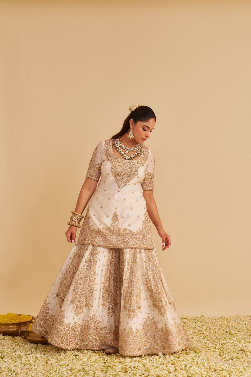 Alina - Dabka Zardozi Embroidered Silk Daisy Ivory Sharara Set silk by SHEETAL BATRA in ivory color for women in Singapore