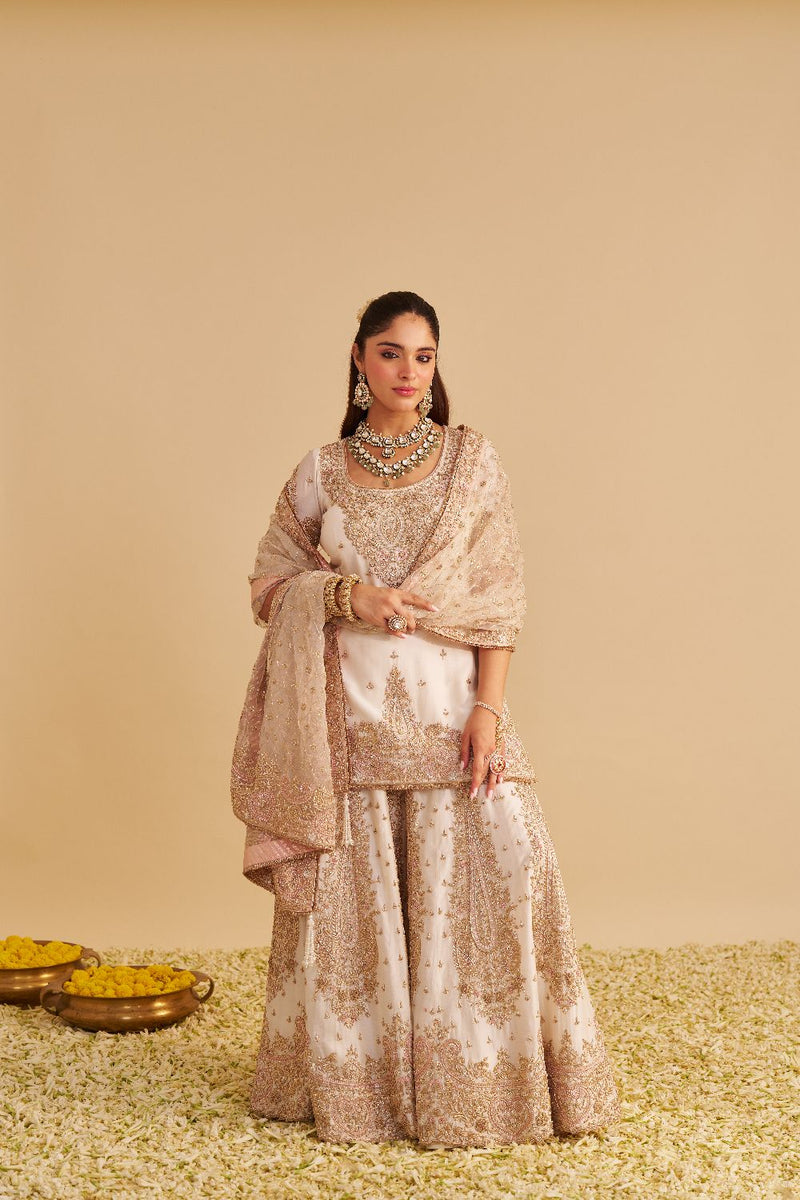 Alina - Dabka Zardozi Embroidered Silk Daisy Ivory Sharara Set silk by SHEETAL BATRA in ivory color for women in Singapore