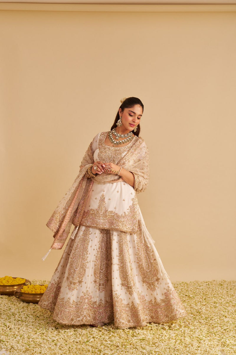 Alina - Dabka Zardozi Embroidered Silk Daisy Ivory Sharara Set silk by SHEETAL BATRA in ivory color for women in Singapore
