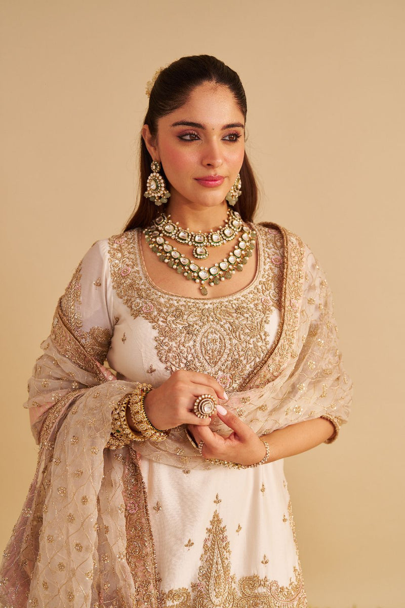 Alina - Dabka Zardozi Embroidered Silk Daisy Ivory Sharara Set silk by SHEETAL BATRA in ivory color for women in Singapore