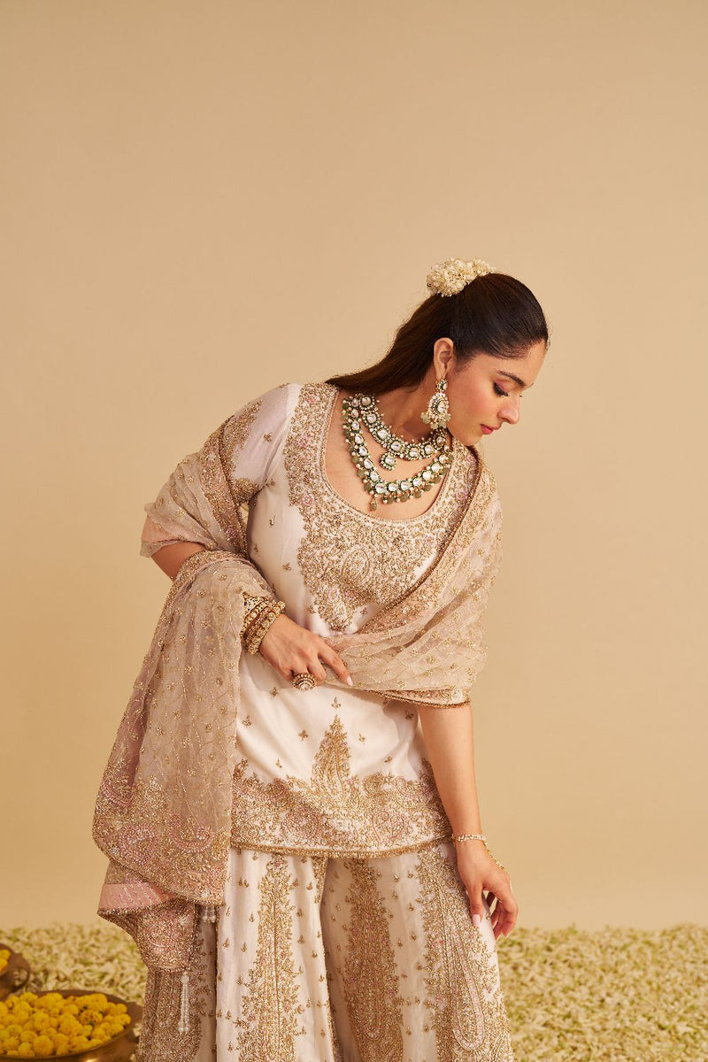 Alina - Dabka Zardozi Embroidered Silk Daisy Ivory Sharara Set silk by SHEETAL BATRA in ivory color for women in Singapore