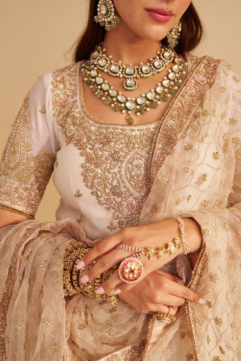 Alina - Dabka Zardozi Embroidered Silk Daisy Ivory Sharara Set silk by SHEETAL BATRA in ivory color for women in Singapore