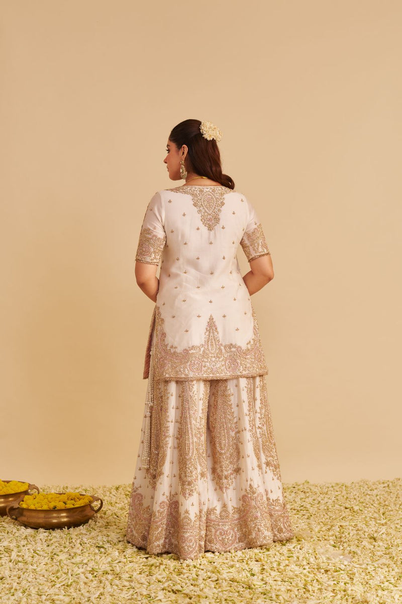 Alina - Dabka Zardozi Embroidered Silk Daisy Ivory Sharara Set silk by SHEETAL BATRA in ivory color for women in Singapore