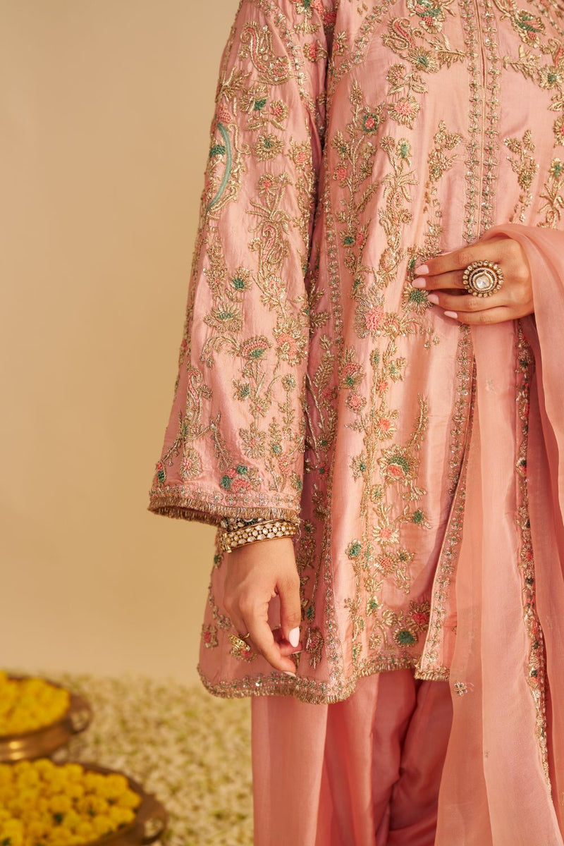 Alira - Dabka Zardozi Embroidered Blush Pink Kurta & Salwar with Dupatta silk by SHEETAL BATRA in blush color for women in Singapore