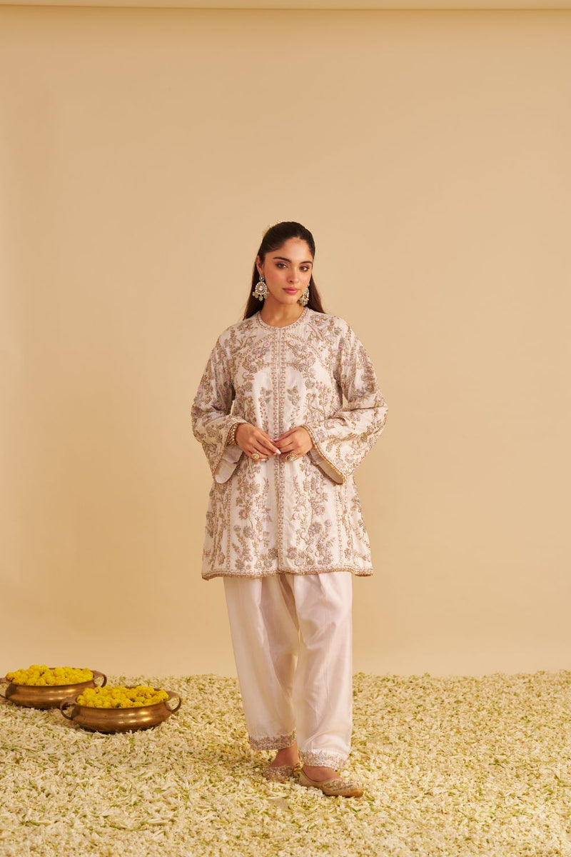 Alira - Dabka Zardozi Embroidered Daisy Ivory Kurta & Salwar with Dupatta silk by SHEETAL BATRA in ivory color for women in Singapore