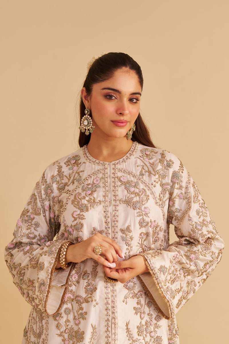 Alira - Dabka Zardozi Embroidered Daisy Ivory Kurta & Salwar with Dupatta silk by SHEETAL BATRA in ivory color for women in Singapore
