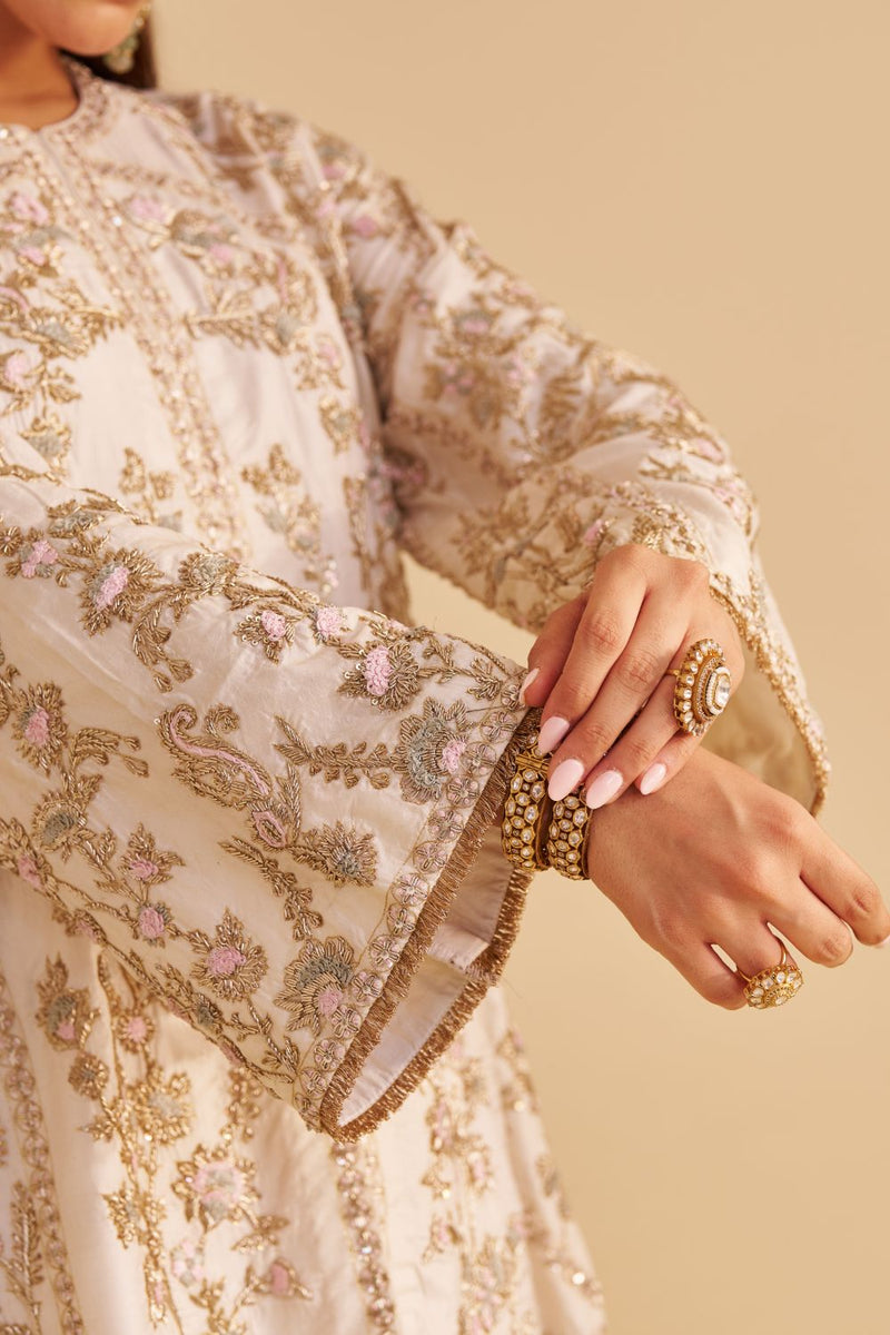 Alira - Dabka Zardozi Embroidered Daisy Ivory Kurta & Salwar with Dupatta silk by SHEETAL BATRA in ivory color for women in Singapore