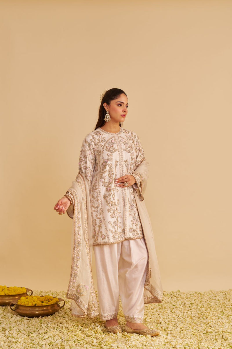Alira - Dabka Zardozi Embroidered Daisy Ivory Kurta & Salwar with Dupatta silk by SHEETAL BATRA in ivory color for women in Singapore
