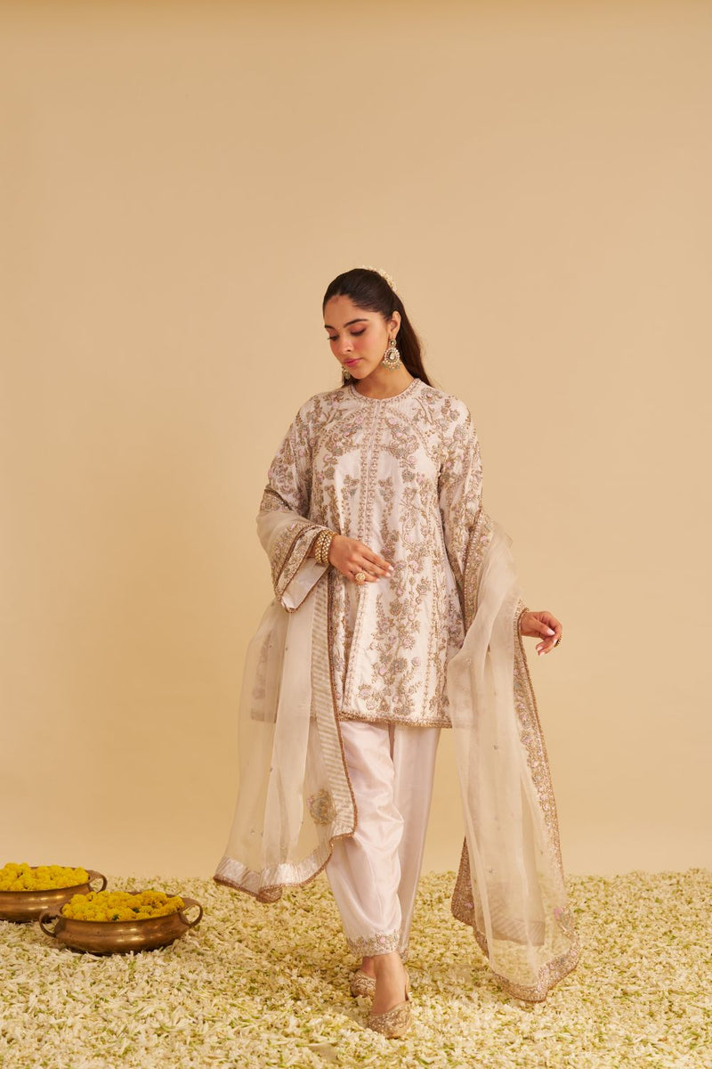 Alira - Dabka Zardozi Embroidered Daisy Ivory Kurta & Salwar with Dupatta silk by SHEETAL BATRA in ivory color for women in Singapore