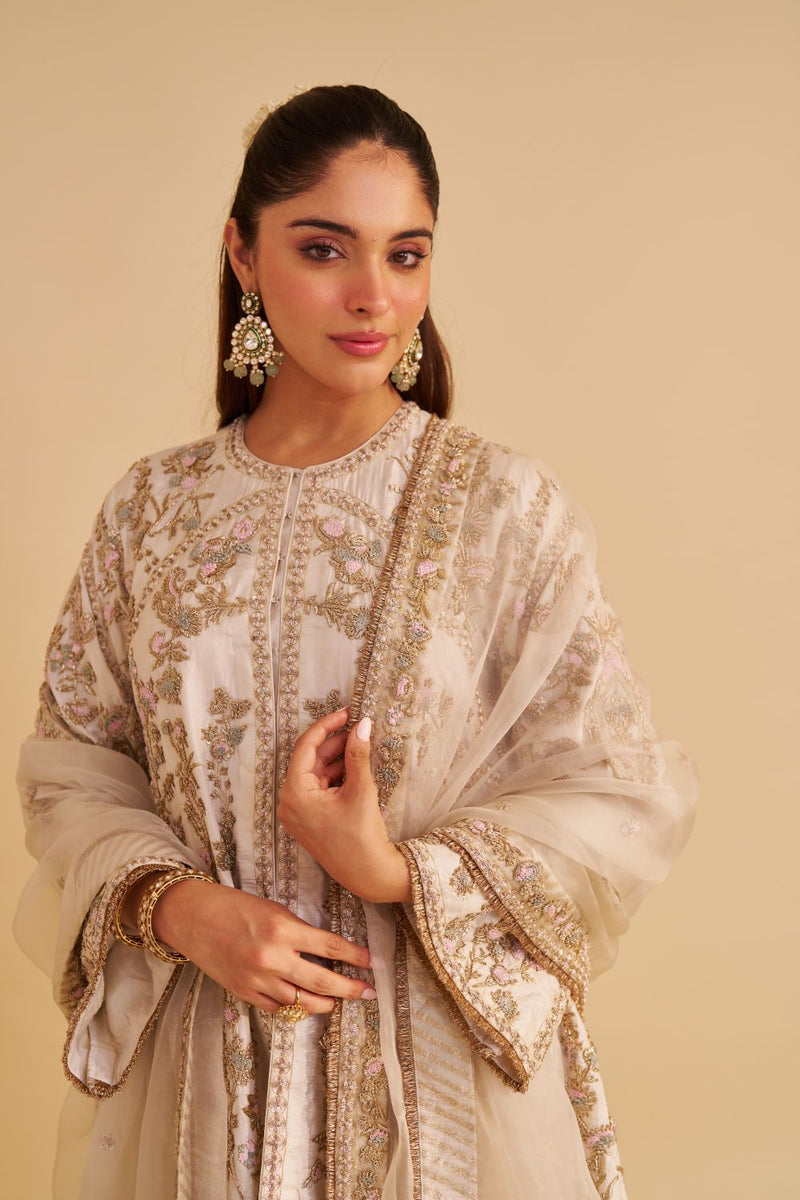 Alira - Dabka Zardozi Embroidered Daisy Ivory Kurta & Salwar with Dupatta silk by SHEETAL BATRA in ivory color for women in Singapore