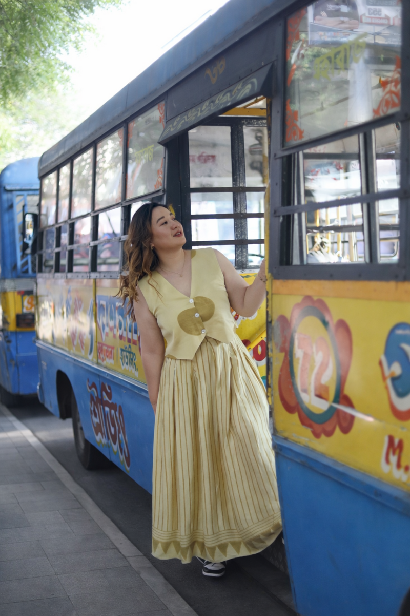 OHSO Organic Mustard Ajrakh Top & Skirt Set