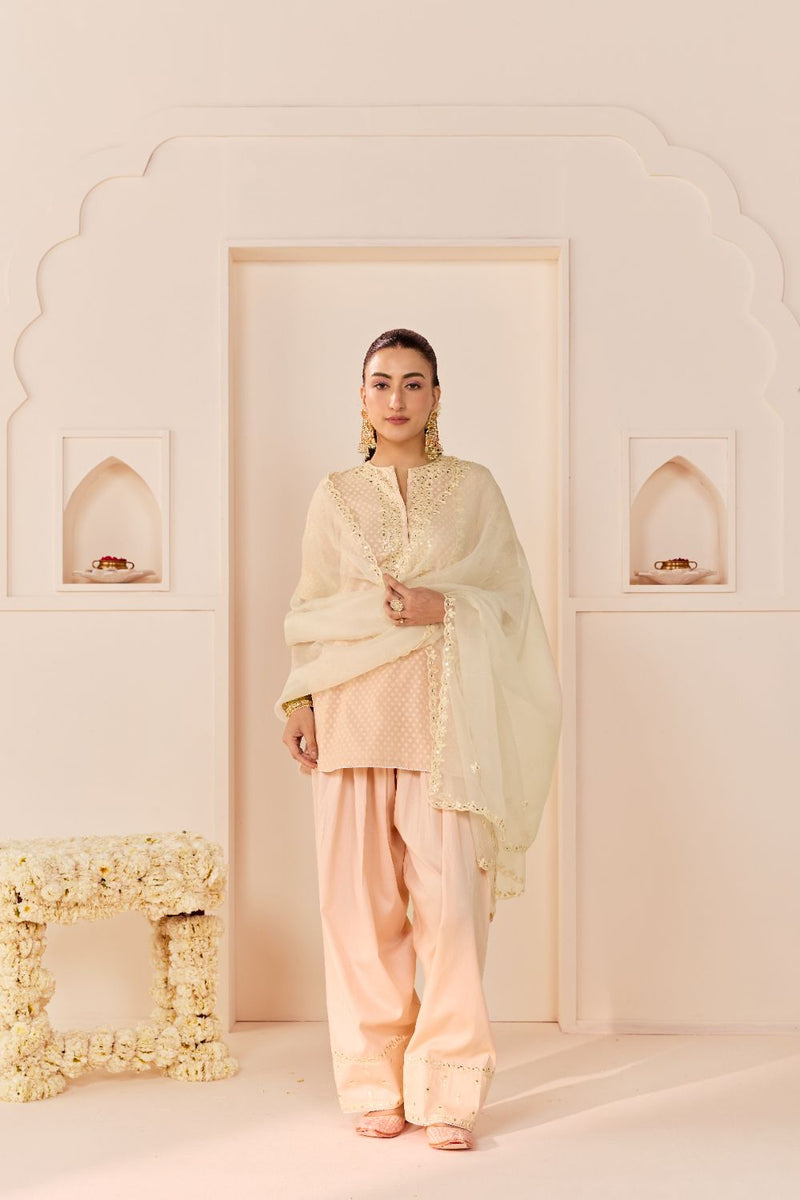 ANAISHA - CARNATION PINK SHORT KURTA WITH FARSHI SALWAR chanderi silk kurta/kurta set by SHEETAL BATRA in carnation pink with daisy ivory for women in Singapore