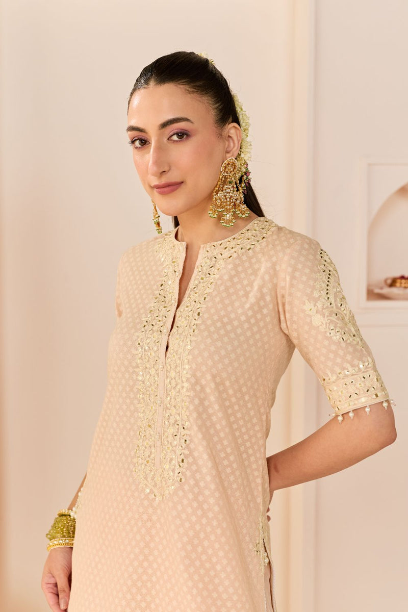 ANAISHA - CARNATION PINK SHORT KURTA WITH FARSHI SALWAR chanderi silk kurta/kurta set by SHEETAL BATRA in carnation pink with daisy ivory for women in Singapore