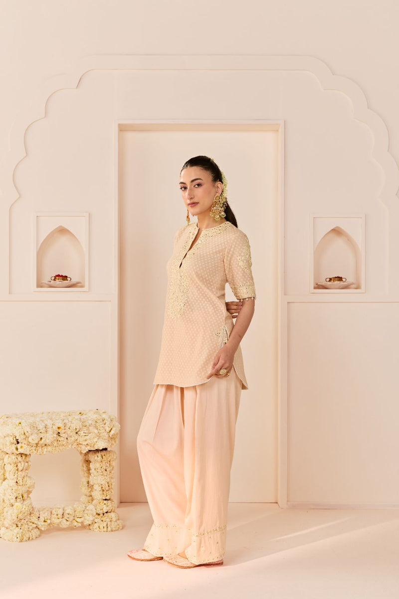 ANAISHA - CARNATION PINK SHORT KURTA WITH FARSHI SALWAR chanderi silk kurta/kurta set by SHEETAL BATRA in carnation pink with daisy ivory for women in Singapore