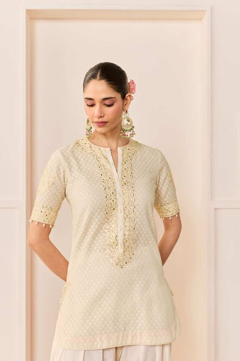 ANAISHA -DAISY IVORY SHORT KURTA WITH FARSHI SALWAR chanderi silk kurta/kurta set by SHEETAL BATRA in daisy ivory with carnation pink for women in Singapore