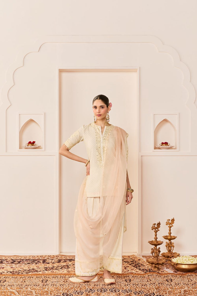 ANAISHA -DAISY IVORY SHORT KURTA WITH FARSHI SALWAR chanderi silk kurta/kurta set by SHEETAL BATRA in daisy ivory with carnation pink for women in Singapore